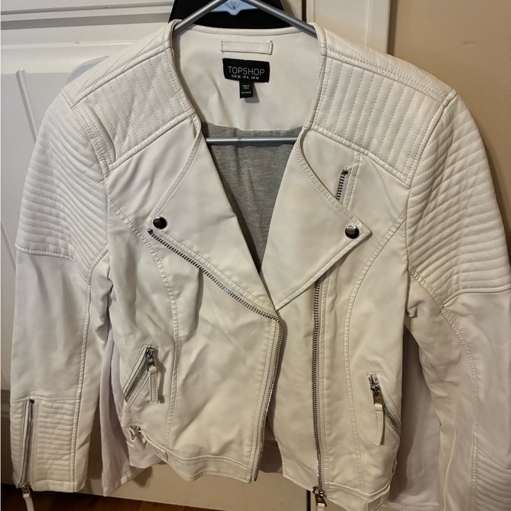 Topshop Off-White Quilted Faux Leather Moto Jacket like new women’s size US 6